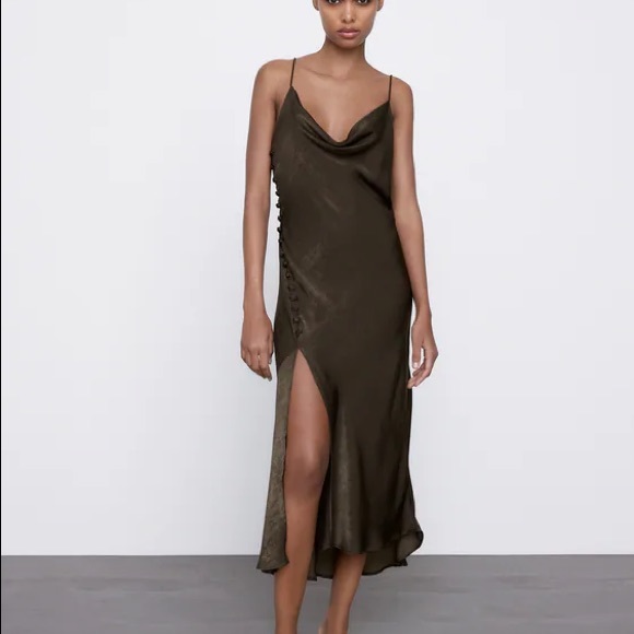 Zara Satin Lingerie Style Dress in Olive Green - Picture 1 of 11